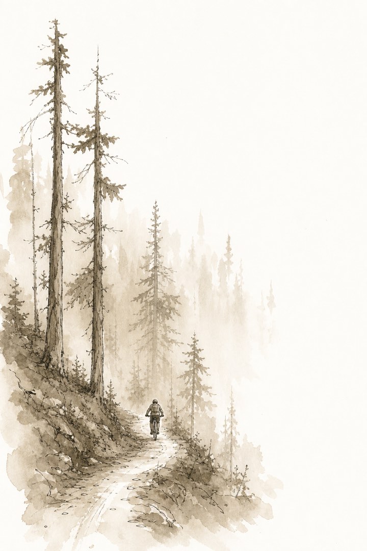 A lone mountain biker riding a misty forest trail through tall firs in the Cascade foothills near Snoqualmie, drawn in sepia ink and wash.
